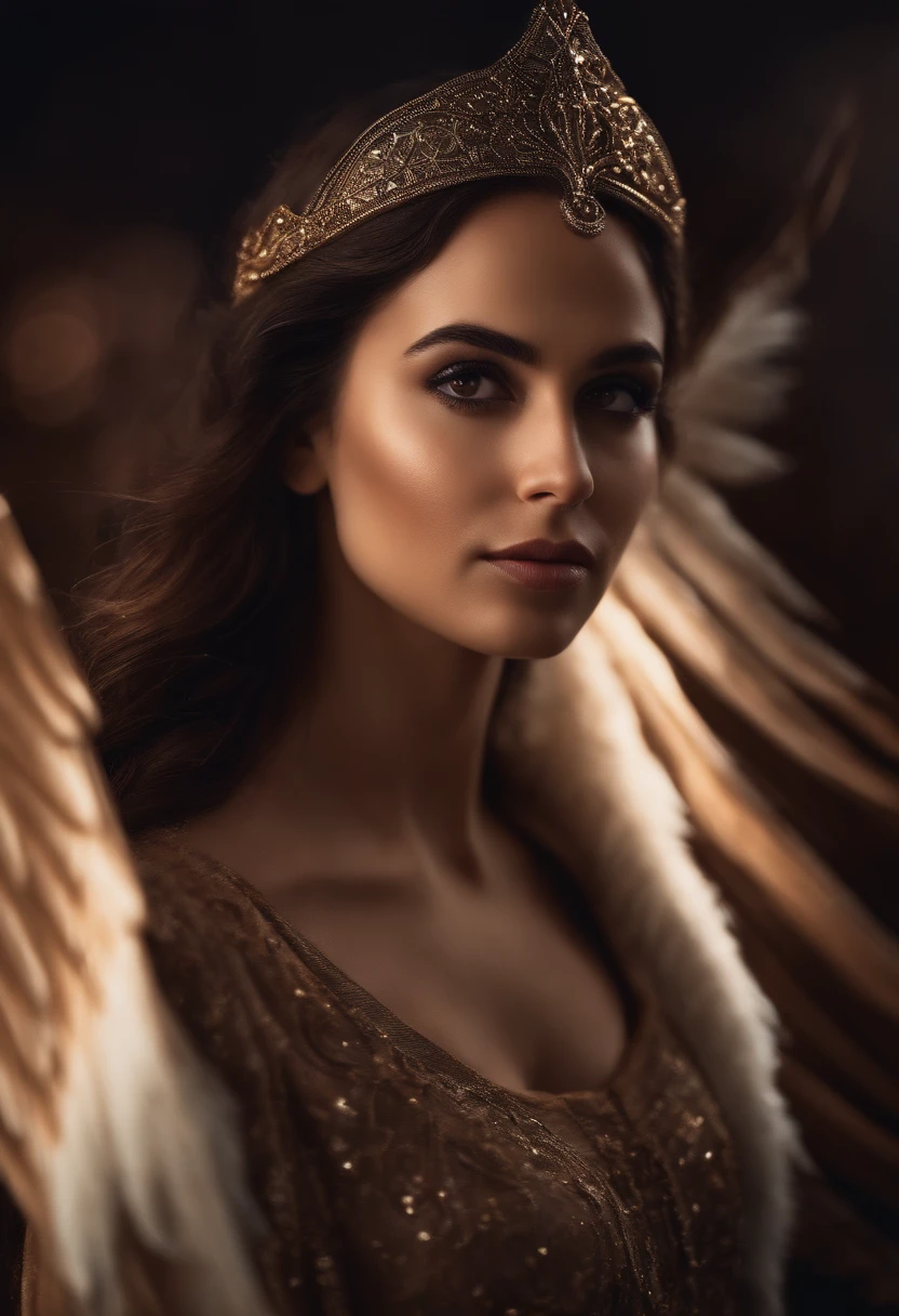 (best quality,ultra-detailed,highres:1.2),portrait,woman,brunette,brown eyes,Arabian type,angelic wings,nebula background