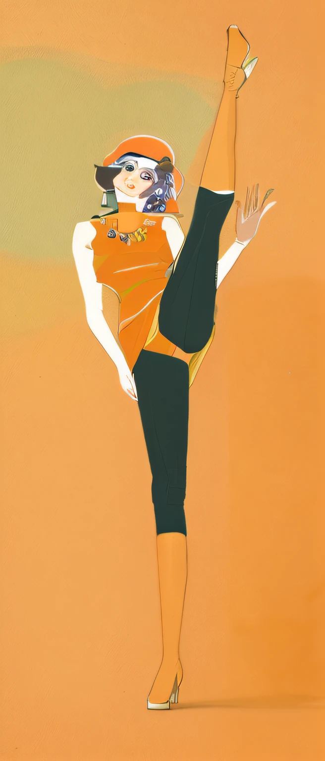 Painting of Alafed with a woman in a dress and hat doing a kick, Inspired by Egon Schiele, Vector style drawing, inspired by Raphael Kirchner, fashion illustration, the pose, Fashion poses, by Tanaka Isson, by Naka Bokunen, Inspired by Tomer Hanukkah, neutral pose, Inspired by Chantal Joffe