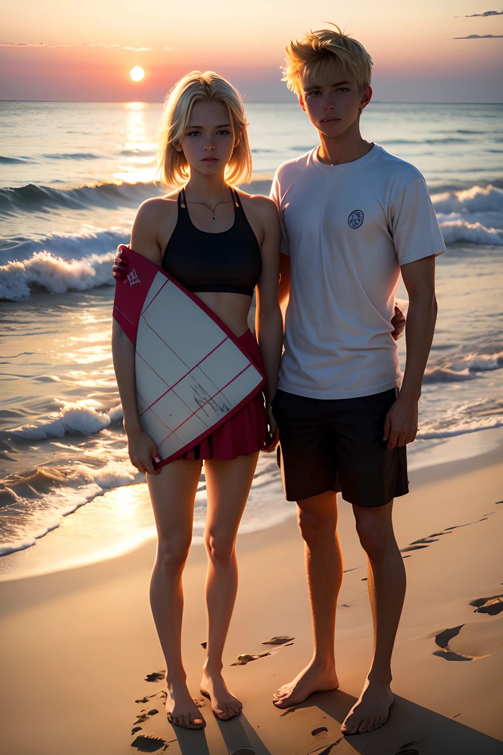 hot blonde teenage boy, standing on sand, with a surfboard, sunset, short board, standing with blonde girlfriend on the sand,