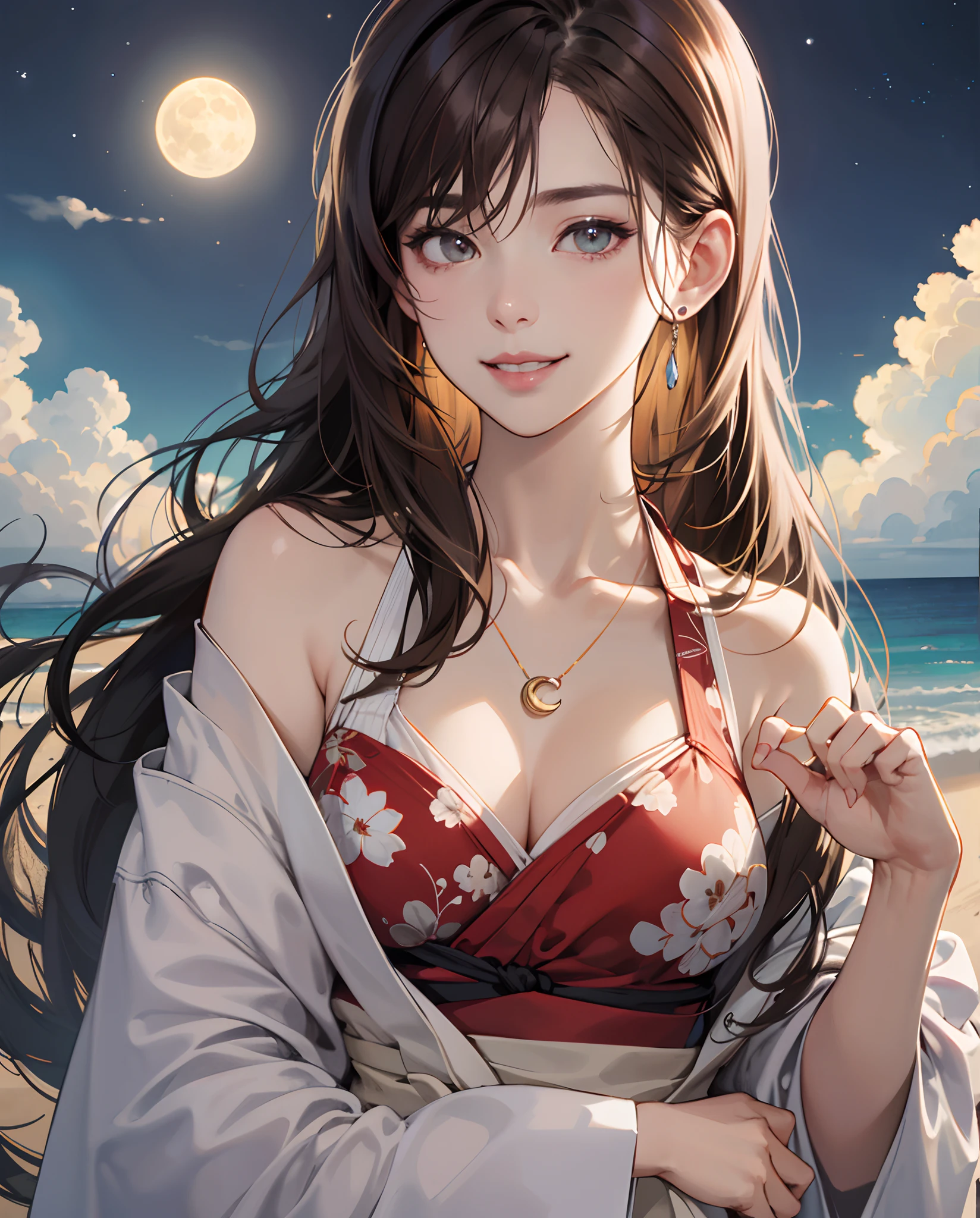 (surreal), (enlightenment), (High resolution), (8K), (very detailed), (The best enlightenmentns), (Beautiful and fine pink eyes), (highest quality), (super detailed), (masterpiece), (wallpaper), (detailed face), length、upper body close-up,length,brown hair,alone、bikini、with a girl、 Japanese, outside、Honey smile, Moonlight, beach at night、Wearing a crescent-shaped pendant on the collarbone