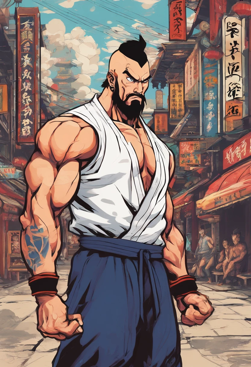White Male Bodybuilder, with short black beard, Very large Muscular, Bald, Tattoos, Black Gym Shirt, Black Shorts, white High Top Shoes, Wing Chun Kung Fu Fighting, Io Man Kung Fu, in old Japanese Town with many buildings, Evening Time,