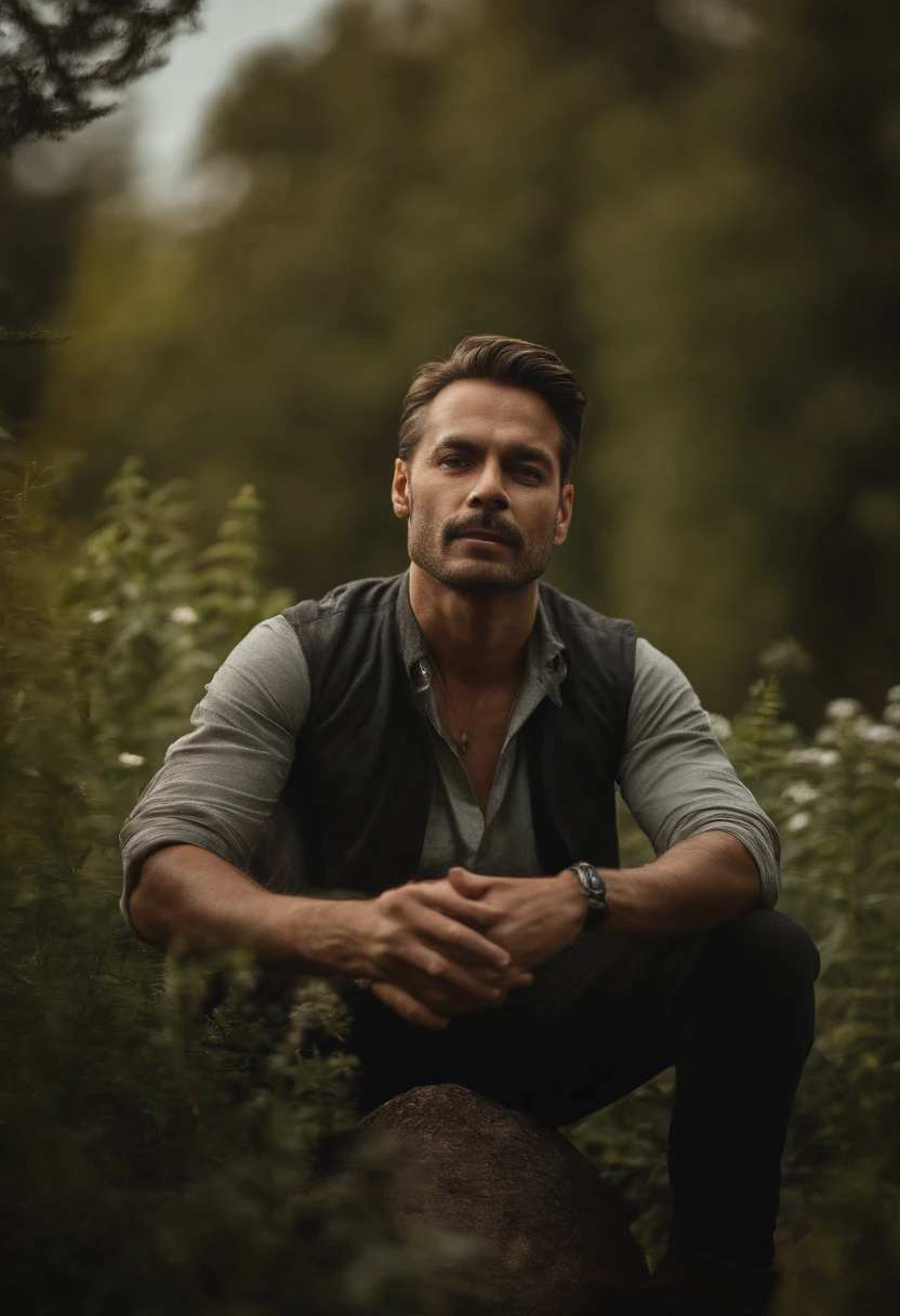 a man sitting peacefully in the middle of nature, surrounded by medicinal plants