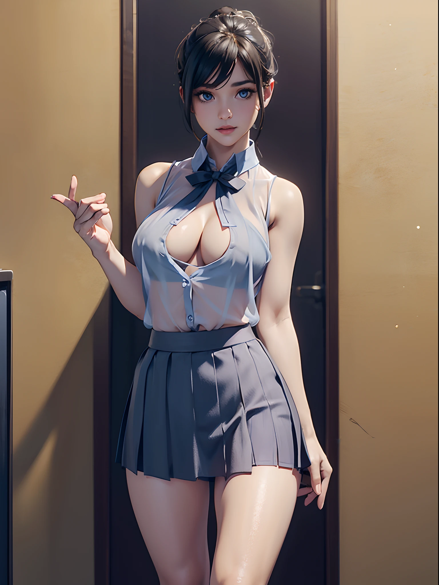 (((toppless))), (((sheer school uniform, Sleeveless ))), (((Show off cleavage))), (((Large breasts))), (((Open front))), (((Sheer Micro Mini Skirt))), Detailed beautiful eyes, (((Sunny))), extremely detailed CG unified 8k wallpaper, very fine 8KCG wallpaper, (masterpiece, Best Quality), High resolution, Ultra-detailed, ultra-sharp, 1 girl, Naked, (((Sheer Micro Mini Skirt))), perfecteyes eyes
