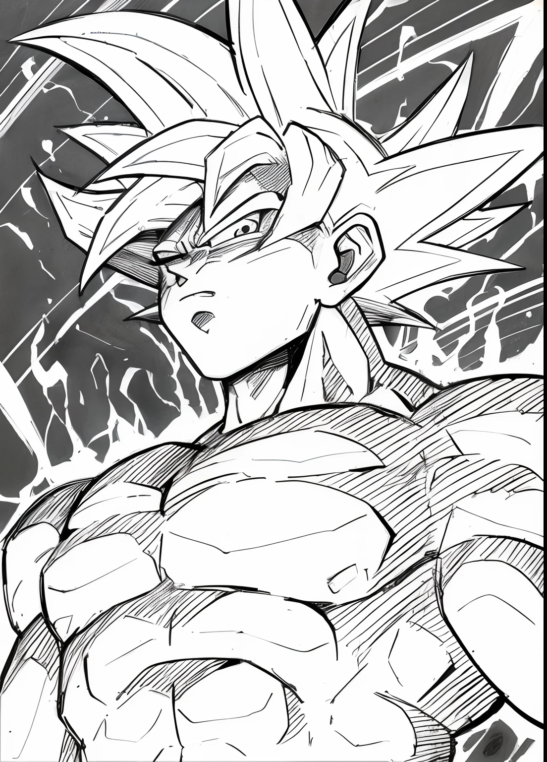 A drawing of a young Gohan with a very large head, striking manga artstyle, Super Saiyajin Goku, Super Saiyajin, indo super saiyajin, Retrato de Goku, Super Sayian Goku, super saiyajin azul, kentaro miura manga art style, Retrato de Goku, Retrato altamente detalhado de Goku, Super Sayan, lineart perfeito, Arte de linha intensa