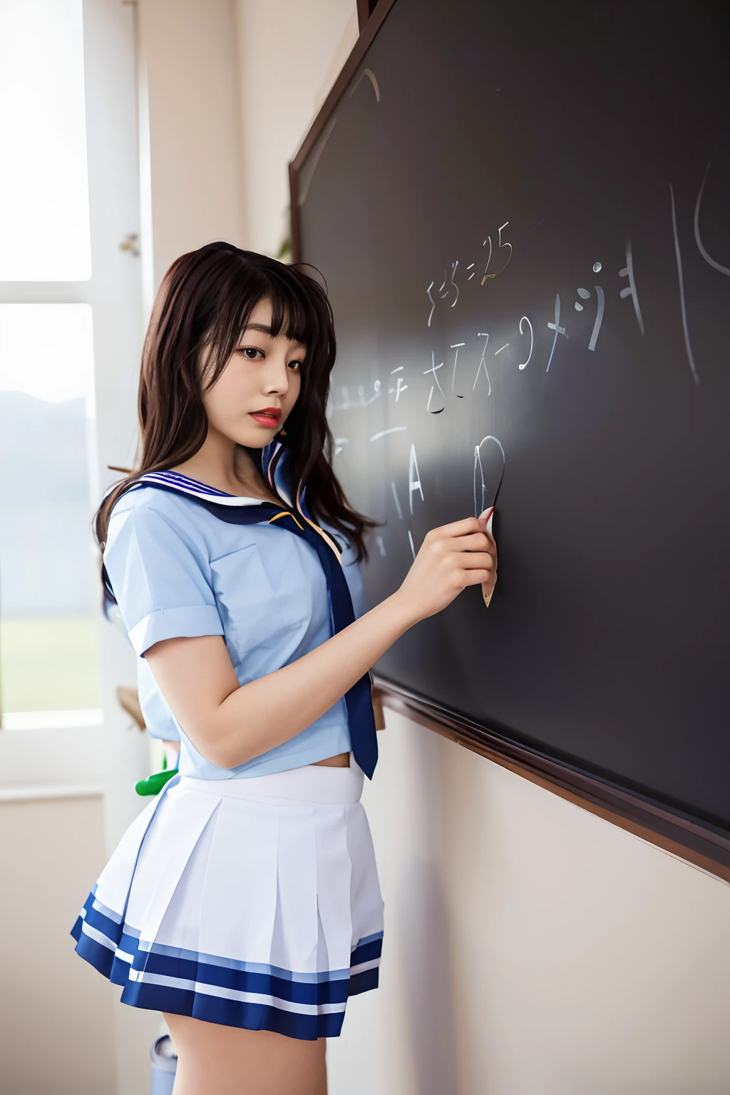 arafed asian girl in a sailor outfit writing on a blackboard, wearing japanese school uniform, japanese school uniform, japanese girl school uniform, in a classroom, a hyperrealistic schoolgirl, cute schoolgirl, as a strict school teacher ), wearing headmistress uniform, girl wearing uniform, of a schoolgirl posing, hyperrealistic schoolgirl, wearing school uniform, teacher