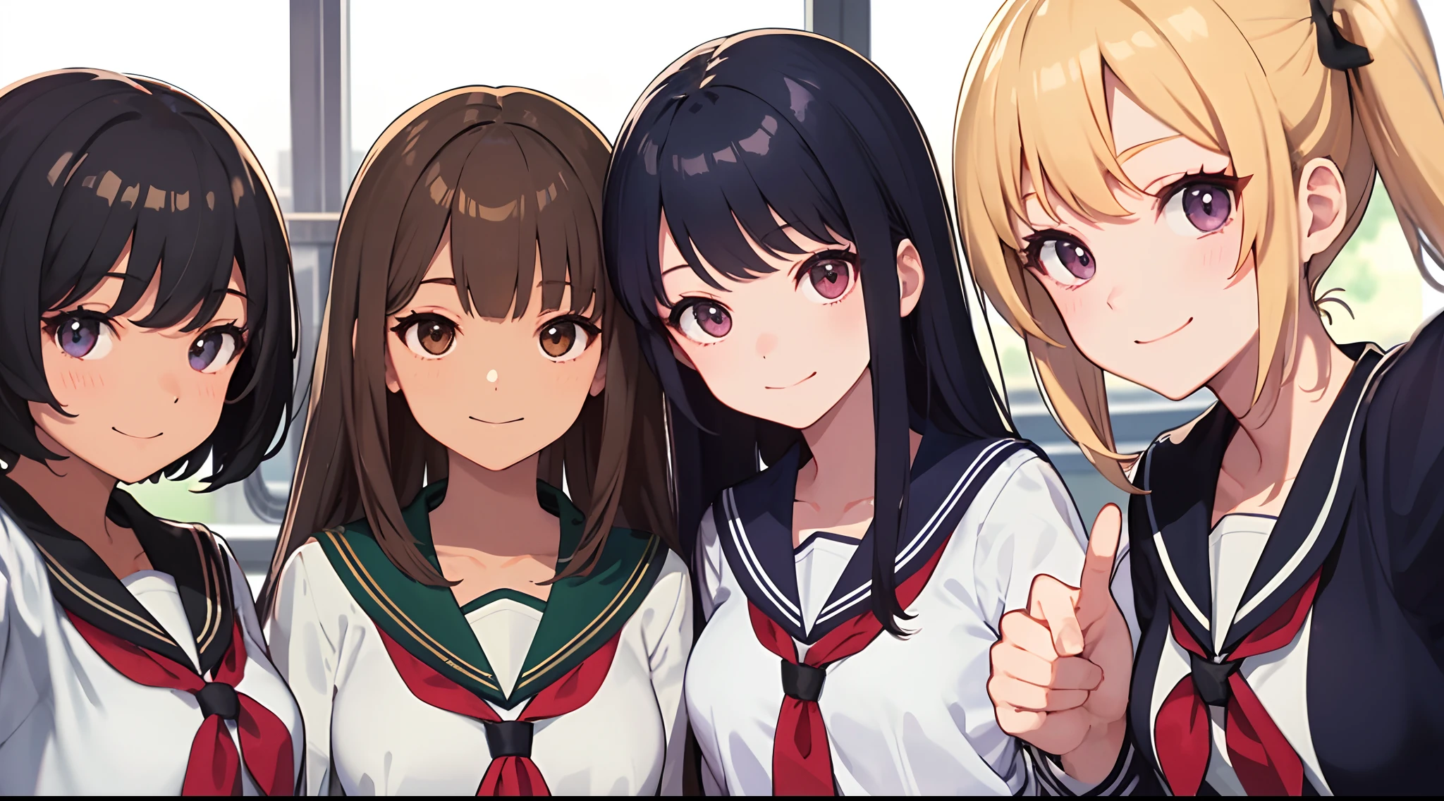 ​masterpiece、top-quality、detaile、hight resolution、extremely delicate and beautiful、simple background、upper body closeup、beutiful breast、hi-school girl、a sailor suit、校服、student clothes、Smile、multiple female、5 women、4 females、7 Women、selfee、Photo booth