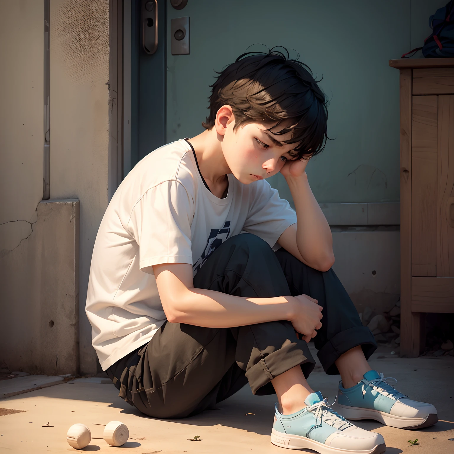  boy sitting on the ground sad in his own room