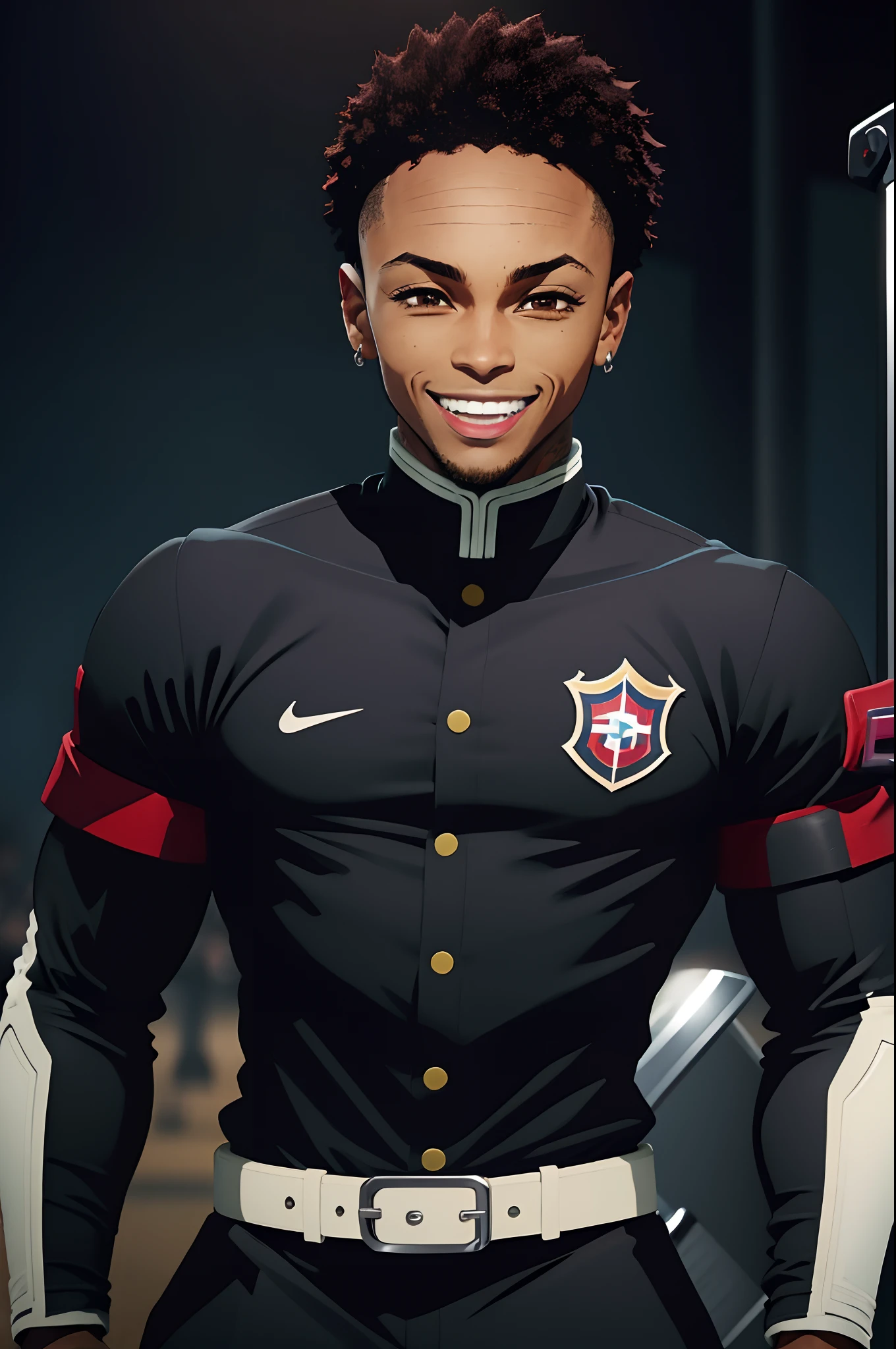 black young man, negro, neymar hairstyle, uniforme demon slayer, sword, lindo, strong, stylish pose, lindo, happy, smile