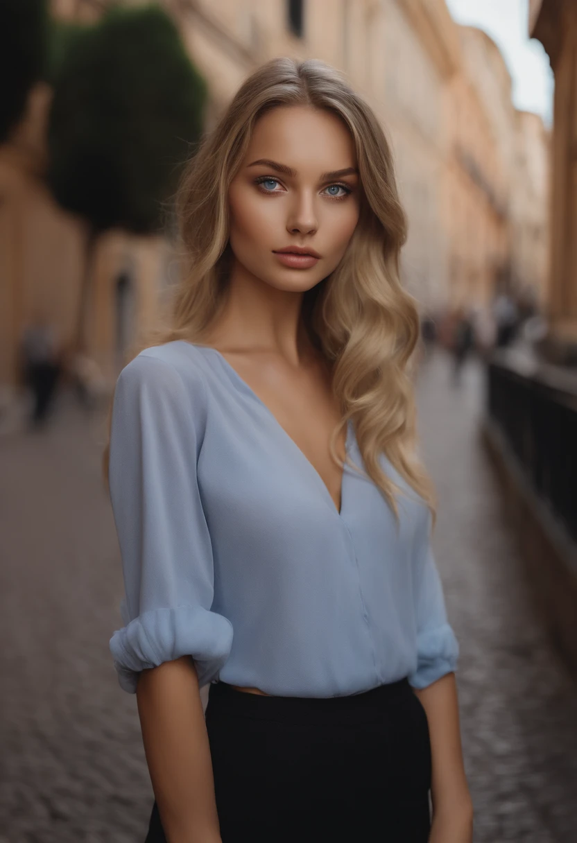 Arafed woman in full , Sexy girl with blue eyes, ultra realistis, Meticulous detail, portrait sophie mudd, blonde hair and large eyes, selfie of a young woman, bedroom eyes, violet myers, no makeup, natural makeup, looking straight at camera, face with artgram, fine makeup, Stunning full-length shot, standing on the street of Rome