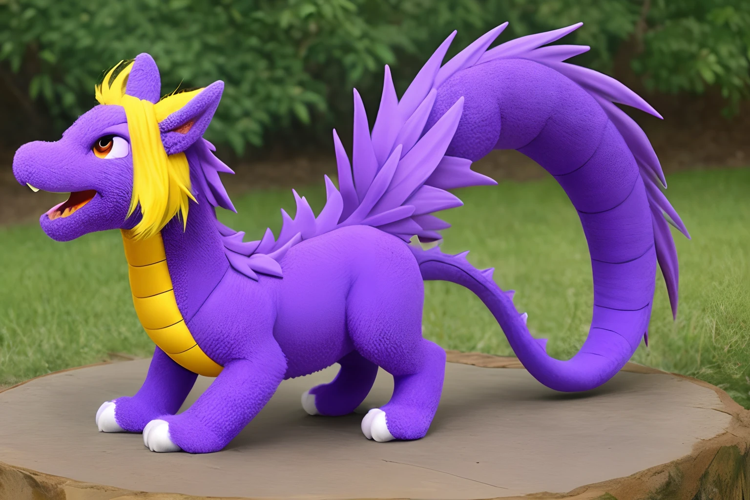 Purple dragon furry with yellow hair and blue vest