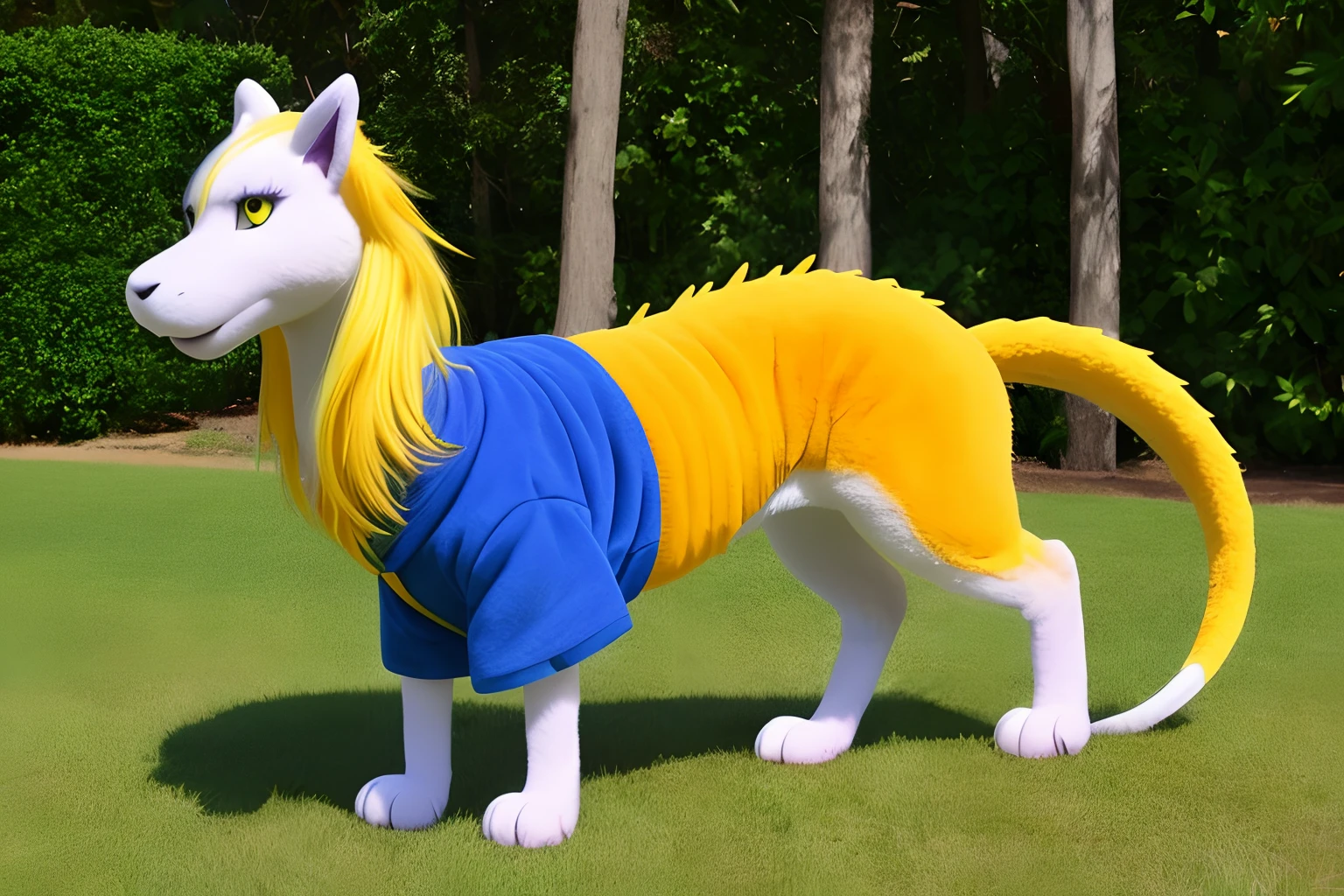 Purple dragon furry with yellow hair and blue vest