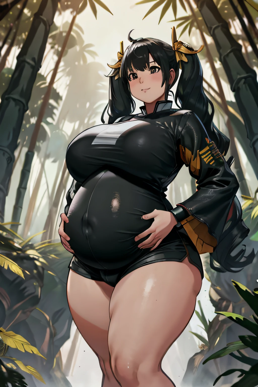 masterpiece, best quality, twintails, fighting stance, bamboo forest, shorts,(thicc:0.5), (WeightImmobile:1.3), (obese:1.2) (round face:1.3), huge belly, wide hips, from below, discoelysium, legs spread, muffin top, pudgy, Big  Bump pregnant, Big boobs, Big pregnant Belly, Big Pregnant girl, Largest Belly of Pregnant, Huge Pregnancy, Huge 9 months Pregnancy Belly, huge belly expansion, huge belly girl