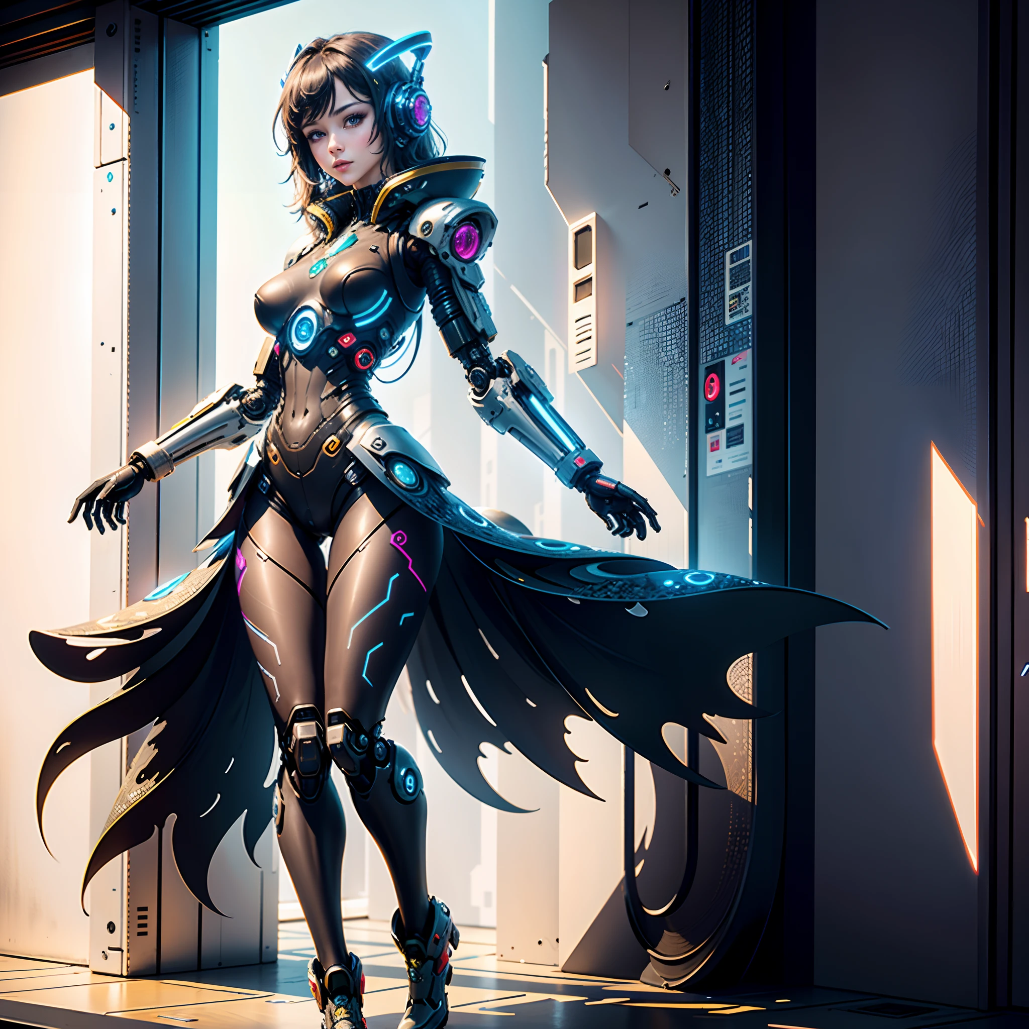 (masterpiece, top quality, best quality, official art, beautiful and aesthetic:1.2), (1girl), (full body shot), (fractal art:1.2),absurdres, highres, ultra detailed, Ultra-precise depiction, Ultra-detailed depiction, solo, (zentangle:1.2), floating hair, (skinny, thin body: 1.2), tanned skin, shiny skin, (abstract:1.2),cbpkv5, pantyhose,looking at viewer, full body, cyberpunk robot, complex robot, halo, by mooncryptowow
