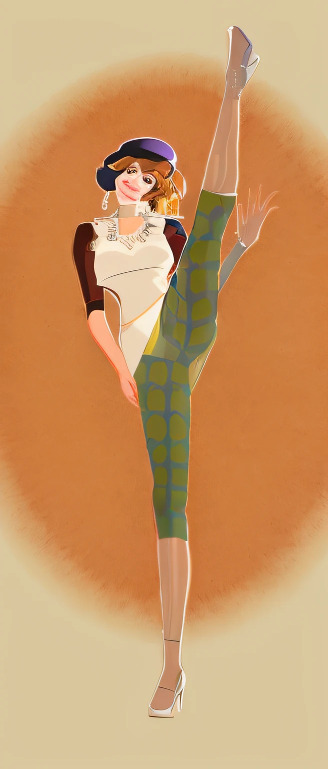 Painting of Alafed with a woman in a dress and hat doing a kick, Inspired by Egon Schiele, Vector style drawing, inspired by Raphael Kirchner, fashion illustration, the pose, Fashion poses, by Tanaka Isson, by Naka Bokunen, Inspired by Tomer Hanukkah, neutral pose, Inspired by Chantal Joffe