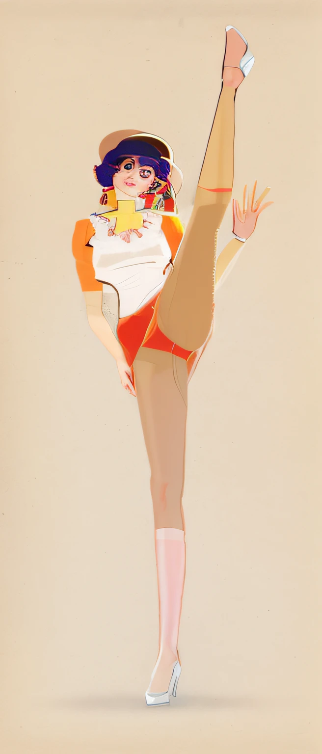 Painting of Alafed with a woman in a dress and hat doing a kick, Inspired by Egon Schiele, Vector style drawing, inspired by Raphael Kirchner, fashion illustration, the pose, Fashion poses, by Tanaka Isson, by Naka Bokunen, Inspired by Tomer Hanukkah, neutral pose, Inspired by Chantal Joffe