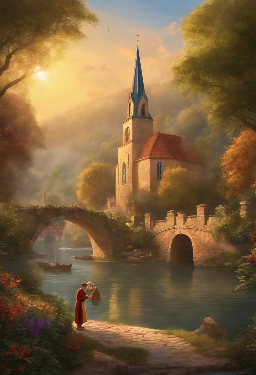 On a sunny day in the enchanting village of Riverside, where an ancient stone church stands majestically by the serene river. The priest, with his warm smile and immaculate robes, is gathered outside the church with a group of curious and excited children. He is telling captivating stories and life lessons, while the golden sun shines upon them, creating a scene of harmony and learning that only the magical world of Disney can offer. Capture this charming moment with all the characteristic style and magic of Disney