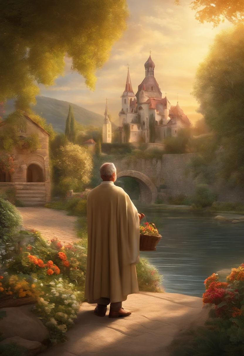 On a sunny day in the enchanting village of Riverside, where an ancient stone church stands majestically by the serene river. The priest, with his warm smile and immaculate robes, is gathered outside the church with a group of curious and excited children. He is telling captivating stories and life lessons, while the golden sun shines upon them, creating a scene of harmony and learning that only the magical world of Disney can offer. Capture this charming moment with all the characteristic style and magic of Disney