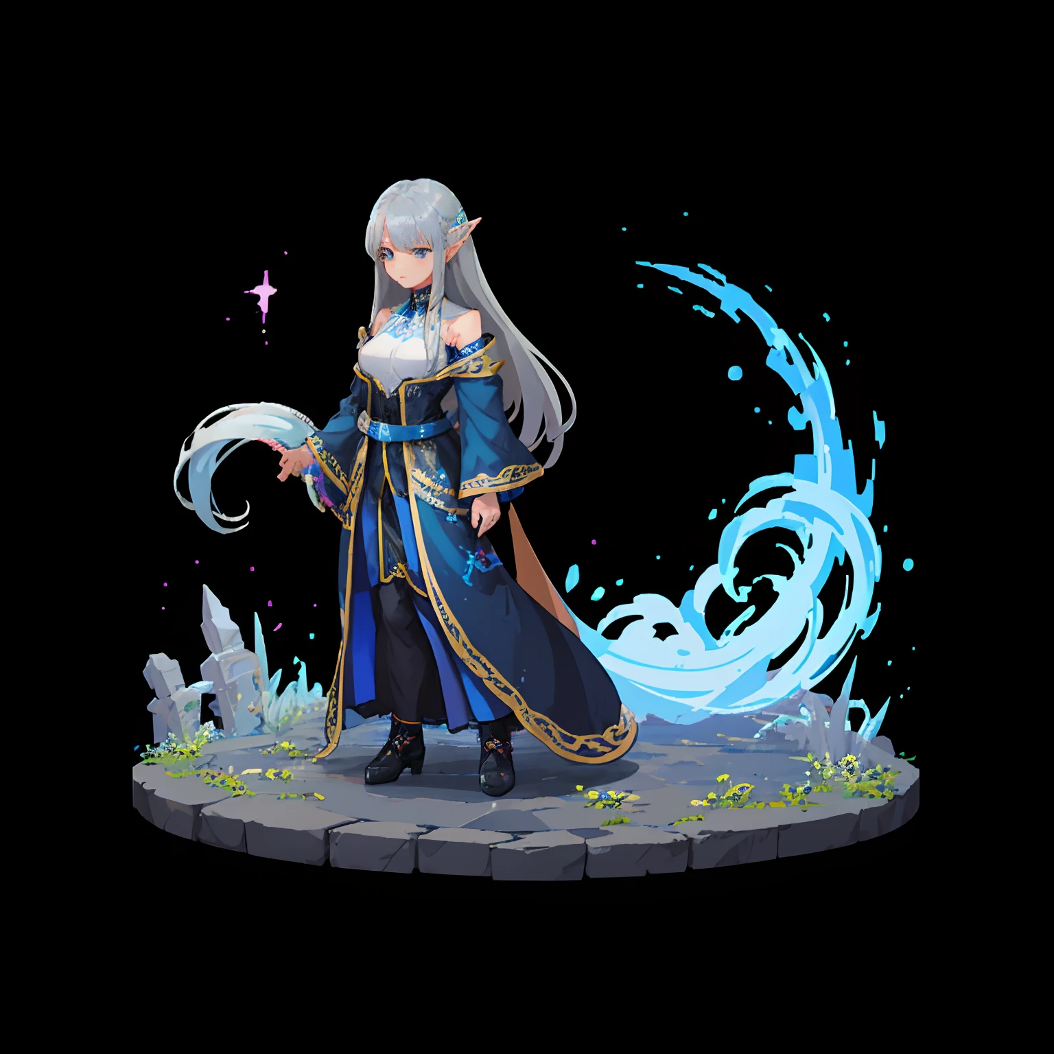 Black background、full bodyesbian、elvish、long-haired gray-haired、Blue national costume、Wearing a blue aura