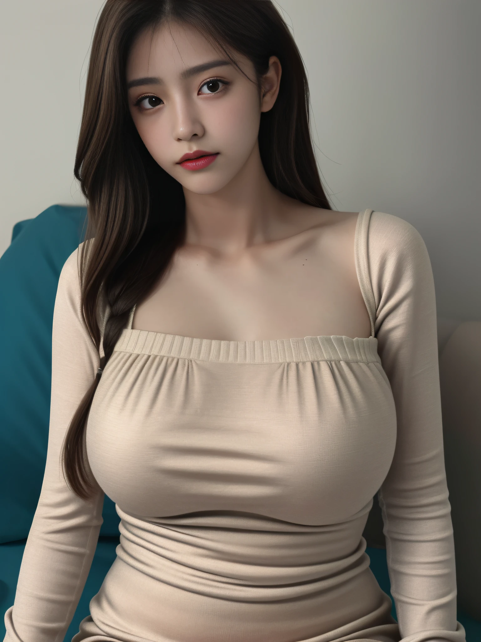 La mejor calidad, Obra maestra, ultra-high-resolution, 8k, .RAW, (Foto realista:1.4), physically based representation, Profundidad de campo, Mirando a los espectadores, Esbelto, (sentada:1.1), in the bed room, Cara hermosa detallada, 1 girl, Lindo, joven, rubor en la nariz, Grandes ojos negros, boca abierta, tiny breasts, cabello negro, Ropa detallada, (pijama:1.3), Sin zapatos ,pureerosface_v1,