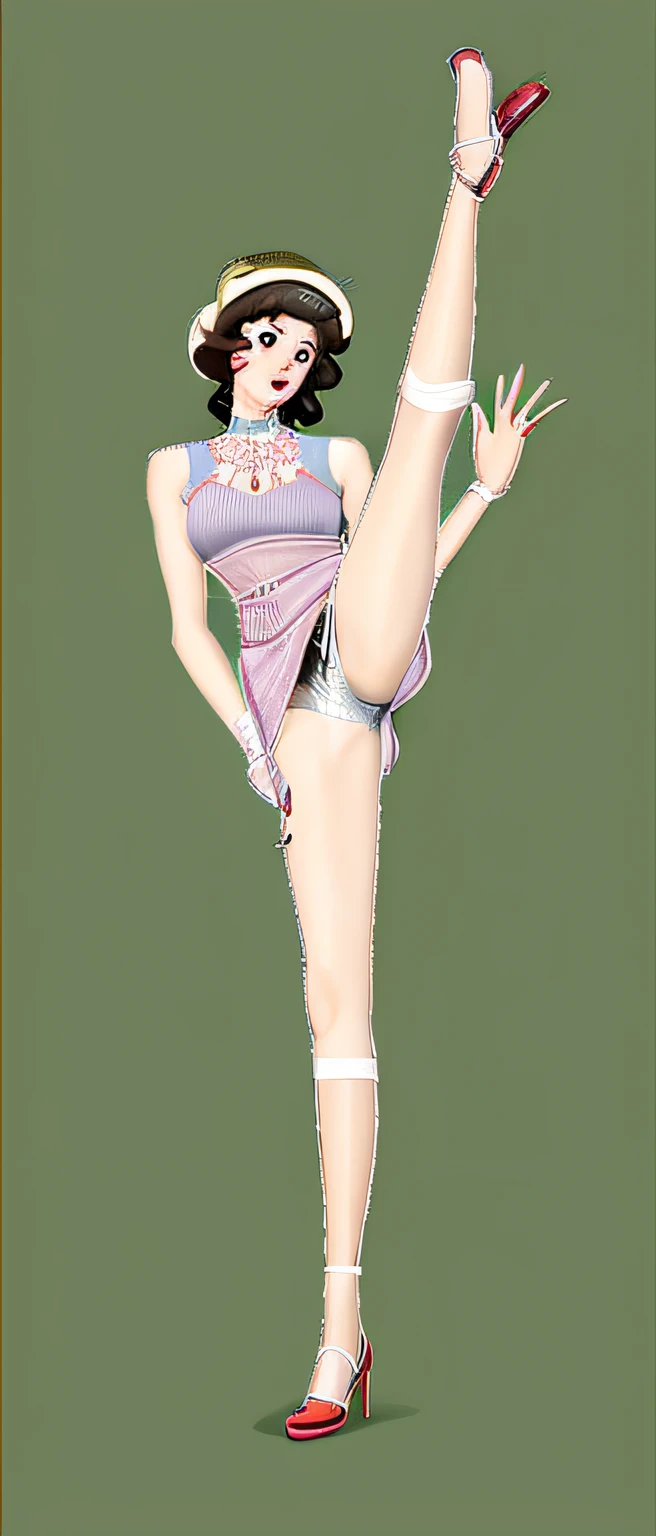 Painting of Alafed with a woman in a dress and hat doing a kick, Inspired by Egon Schiele, Vector style drawing, inspired by Raphael Kirchner, fashion illustration, the pose, Fashion poses, by Tanaka Isson, by Naka Bokunen, Inspired by Tomer Hanukkah, neutral pose, Inspired by Chantal Joffe