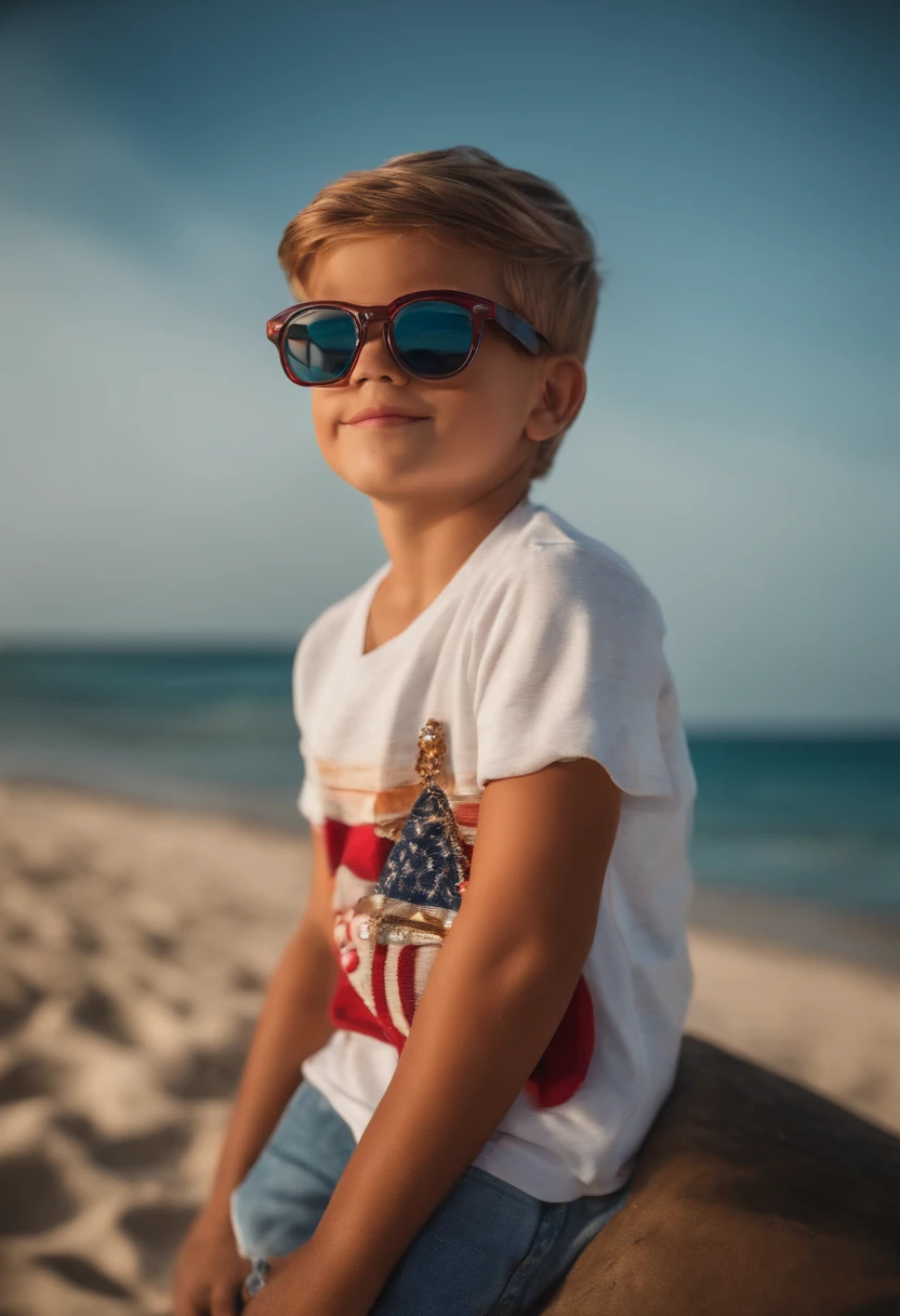 um de 8 anos, cabelo liso, oculos, na praia, style disney