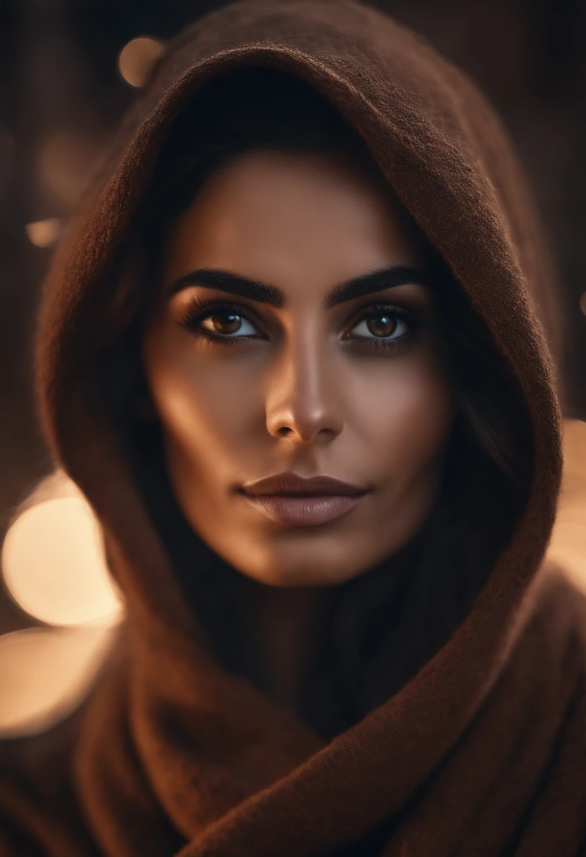 Portrait of a woman ultra detailed face , brune , yeux marron type arabe, nebula background