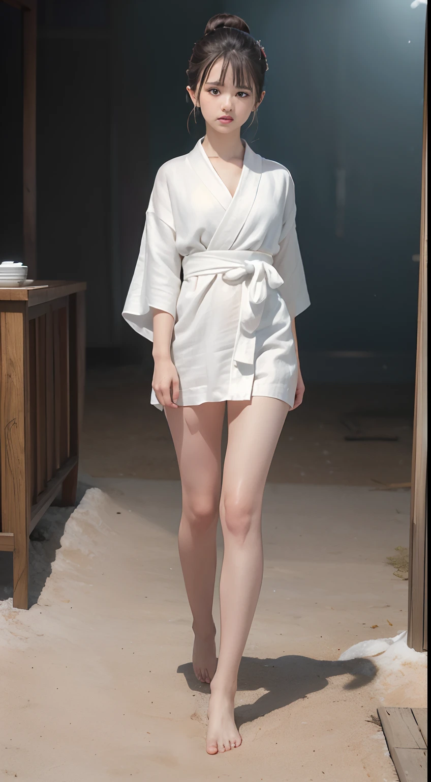 (masutepiece, Best Quality:1.4), Beautiful face, 8K, 85 mm, absurderes, ((Dark bedroom in the hotel))、(White kimono underwear:1.2),、(((Full body:1.4))), No band、(((No band、No panties、No bra、Detailed female genitalia:1.4)))、violaceaess, gardeniass, Delicate girl, Solo, Long bob hair、Night, Looking at Viewer, Upper body, Film grain, chromatic abberation, Sharp Focus, face lights, Professional Lighting, Sophisticated, (Smile:0.4), (Simple background, Bokeh background:1.2), Detail Face、(((Full body:1.4)))、bare-legged