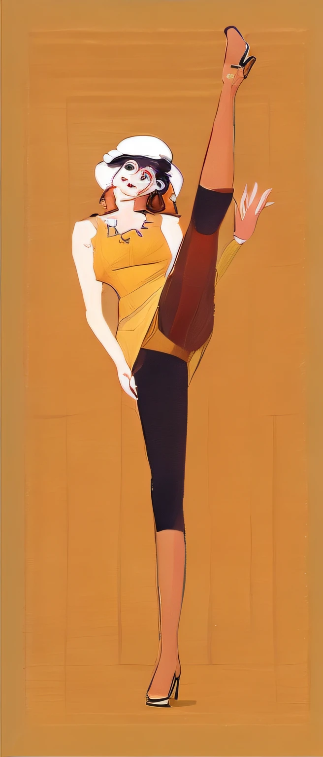 Painting of Alafed with a woman in a dress and hat doing a kick, Inspired by Egon Schiele, Vector style drawing, inspired by Raphael Kirchner, fashion illustration, the pose, Fashion poses, by Tanaka Isson, by Naka Bokunen, Inspired by Tomer Hanukkah, neutral pose, Inspired by Chantal Joffe