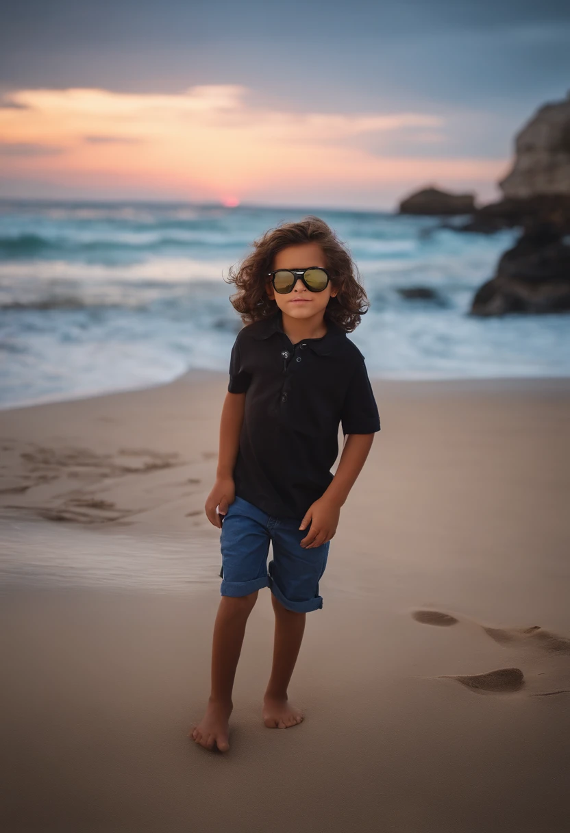 "A 3-year-old boy, full body, wearing glasses, with a yellow t-shirt and knee-length black shorts, sporting shoes, and white socks. He is facing directly towards the viewer. He is on a beach with white sands and small waves. Behind him, a beautiful sunset is reflecting on the sea. Realistic, highly detailed, high-resolution, professional photograph."