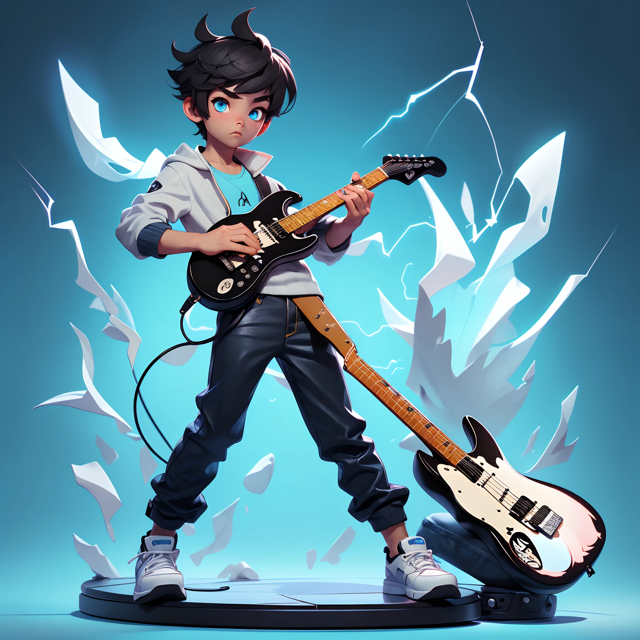 3dcharacter, (1man, young male holding electric guitar:1.4), wise, __blue__ eyes, black __hair-male__, jumper, (full body:1.2), simple background, masterpiece, best quality, (light blue gradient background:1.1)