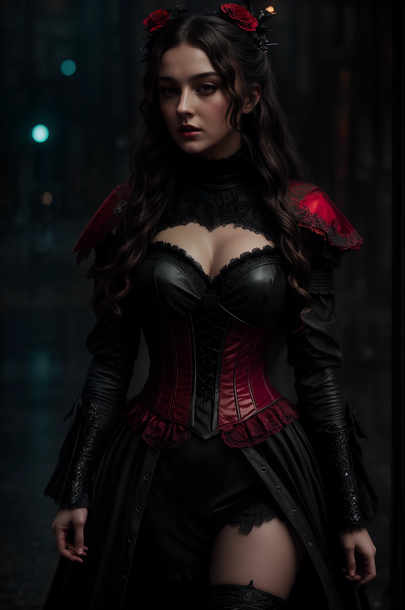 Halloween Set: 12th centuryhalf Danielle Rose Russell Victorian in the style of greg rutkowski and Guweiz and Yoji Shinkawa, Badass, intricate black and red Blood Victorian armor, cinematic lighting, dark rainy city, depth of field, lumen reflections, photography, stunning environment, hyperrealism, insanely detailed, midjourneyart style