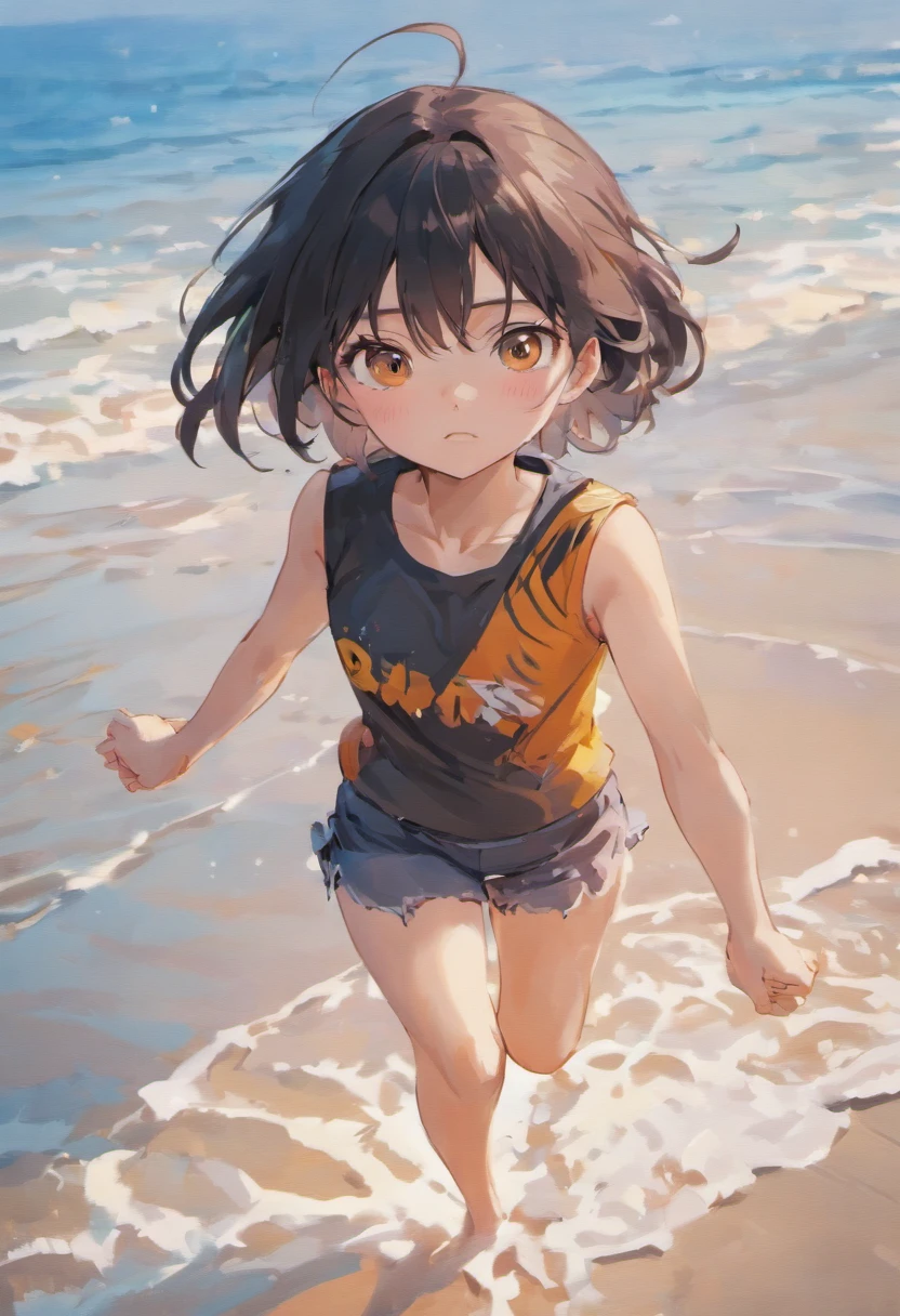 (best quality,4k,8k,highres,masterpiece:1.2),ultra-detailed,realistic,disney style,portrait,???,black hair,smooth hair,running at the beach,spectacles,vibrant colors,beach scenery,warm sunlight