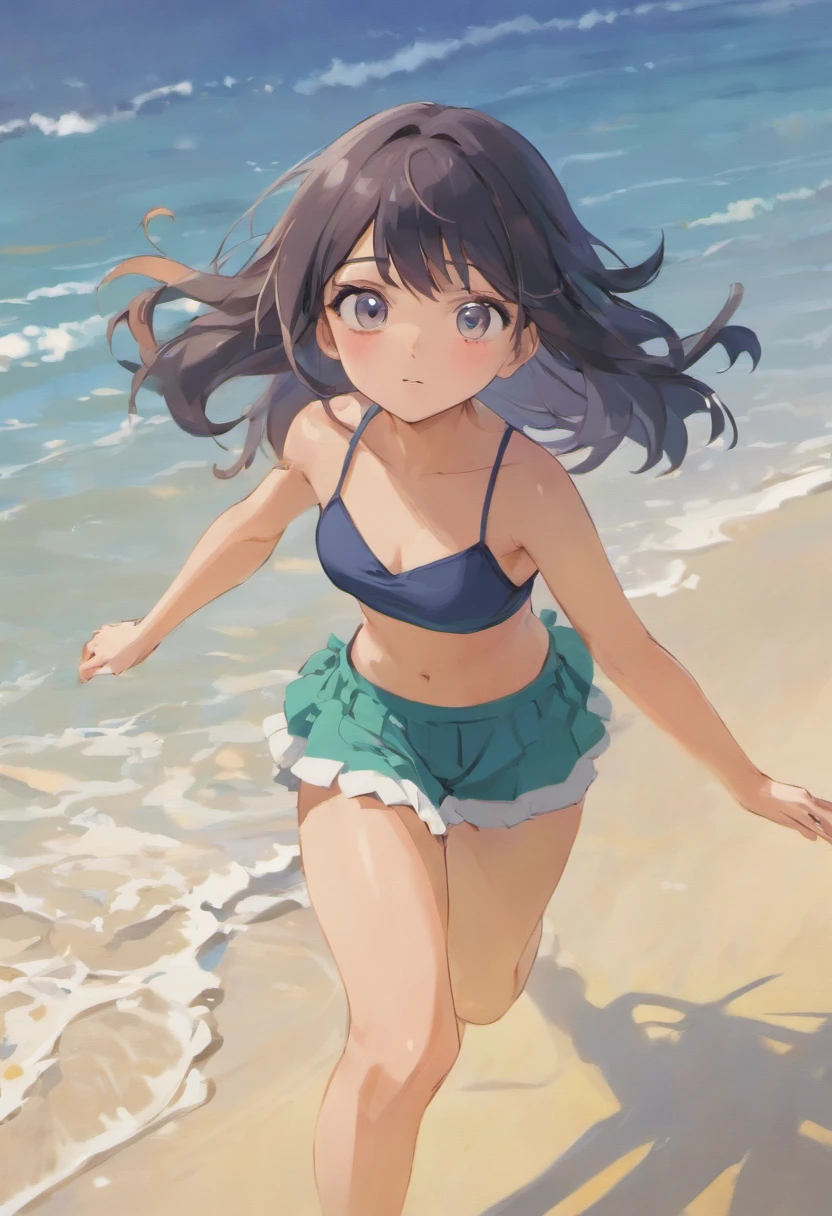 (best quality,4k,8k,highres,masterpiece:1.2),ultra-detailed,realistic,disney style,portrait,kid,black hair,smooth hair,running at the beach,spectacles,vibrant colors,beach scenery,warm sunlight