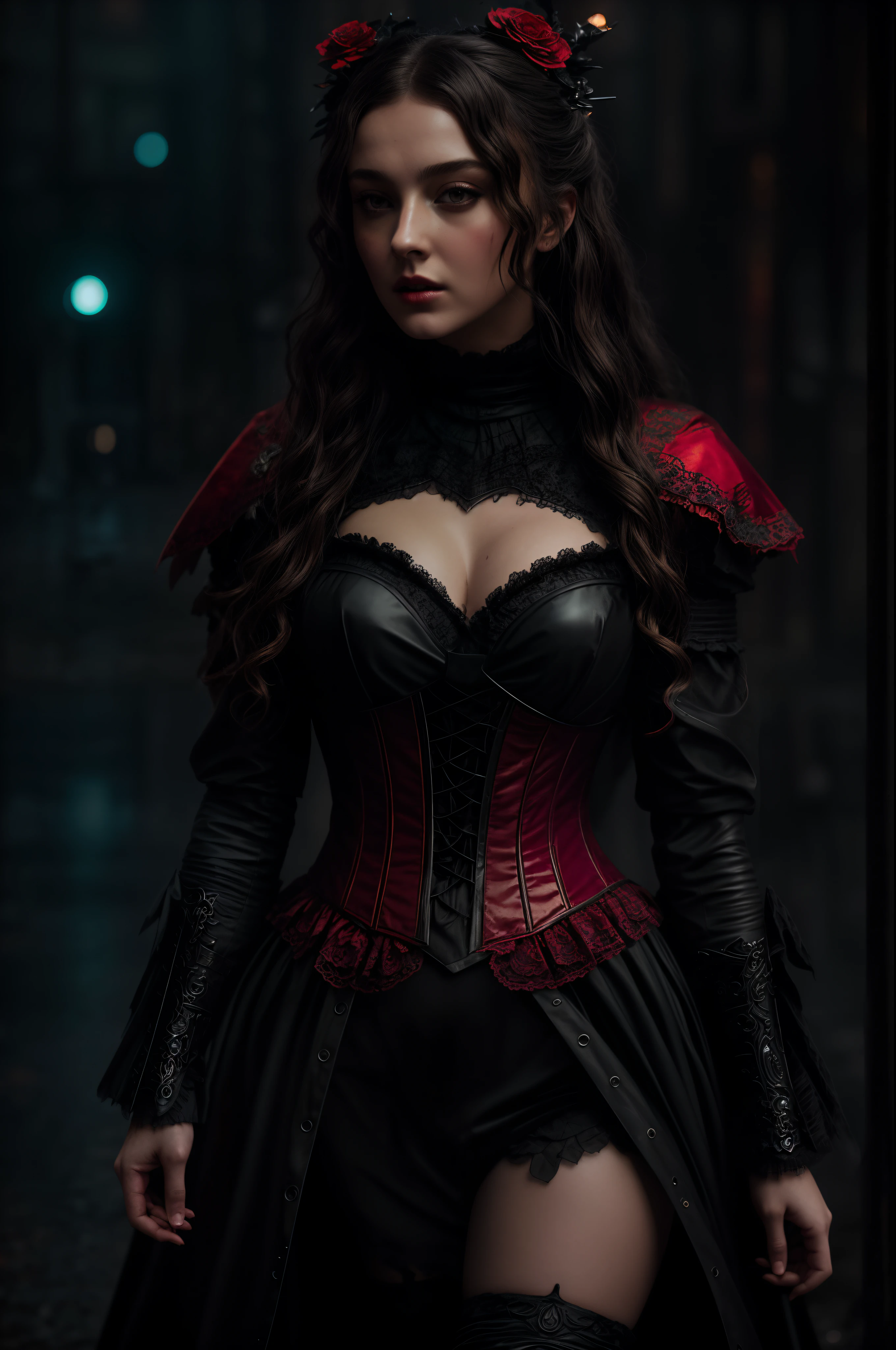 Halloween Set: 12th centuryhalf Danielle Rose Russell Victorian in the style of greg rutkowski and Guweiz and Yoji Shinkawa, Badass, intricate black and red Blood Victorian armor, cinematic lighting, dark rainy city, depth of field, lumen reflections, photography, stunning environment, hyperrealism, insanely detailed, midjourneyart style