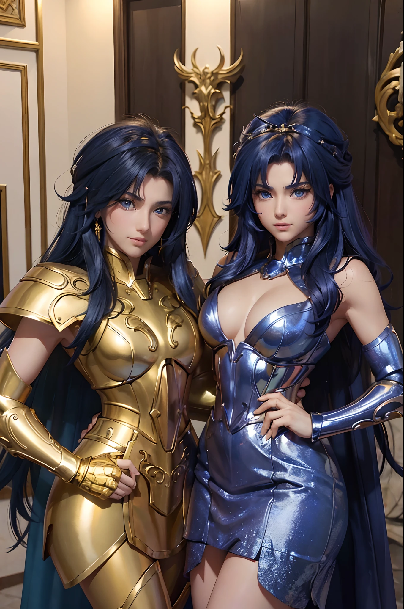 (8k, La mejor calidad, Obra maestra:1.2) Dos mujeres con armadura de saint seiya gemini posando para una foto, , Hermosas gemelas Dos hermosas chicas pechos muy grandes y cola grande muslos hechizantes cuerpo completo y cola grande Ojos azules y cara extremadamente detallados,hermosos ojos ultra 4k detallados, Campo de batalla,