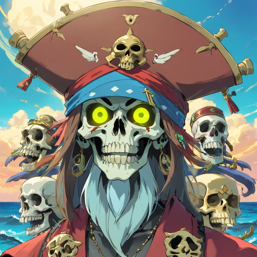 mutant skulls face, mutant skulls mask, mutant skulls PFP, mutant skulls pirate hat, background with the sea, vibrant colors, skulls golden accessories, brilliant eyes (blue, brown, black, green, neon), skull body and skull face colors (black, white, yellow, brown, gold), skulls face with many skull tattoos, centralized character, looking forward with an skulls evil face, all picture must have skulls face.