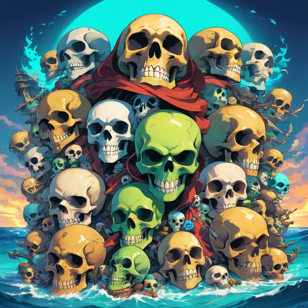 mutant skulls face, mutant skulls mask, mutant skulls PFP, mutant skulls pirate hat, background with the sea, vibrant colors, skulls golden accessories, brilliant eyes (blue, brown, black, green, neon), skull body and skull face colors (black, white, yellow, brown, gold), skulls face with many skull tattoos, centralized character, looking forward with an skulls evil face, all picture must have skulls face.