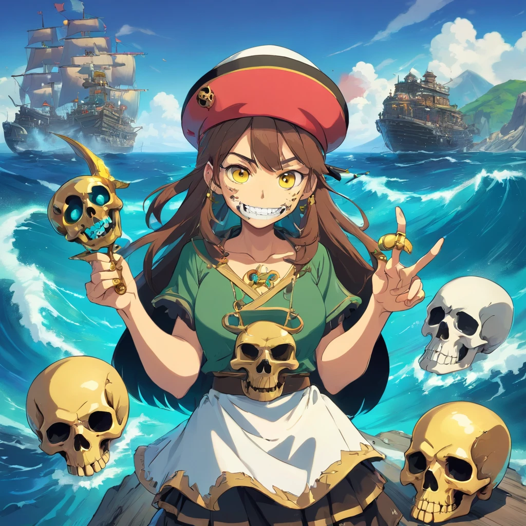 mutant skulls face, mutant skulls mask, mutant skulls PFP, mutant skulls pirate hat, background with the sea, vibrant colors, skulls golden accessories, brilliant eyes (blue, brown, black, green, neon), skull body and skull face colors (black, white, yellow, brown, gold), skulls face with many skull tattoos, centralized character, looking forward with an skulls evil face, all picture must have skulls face.
