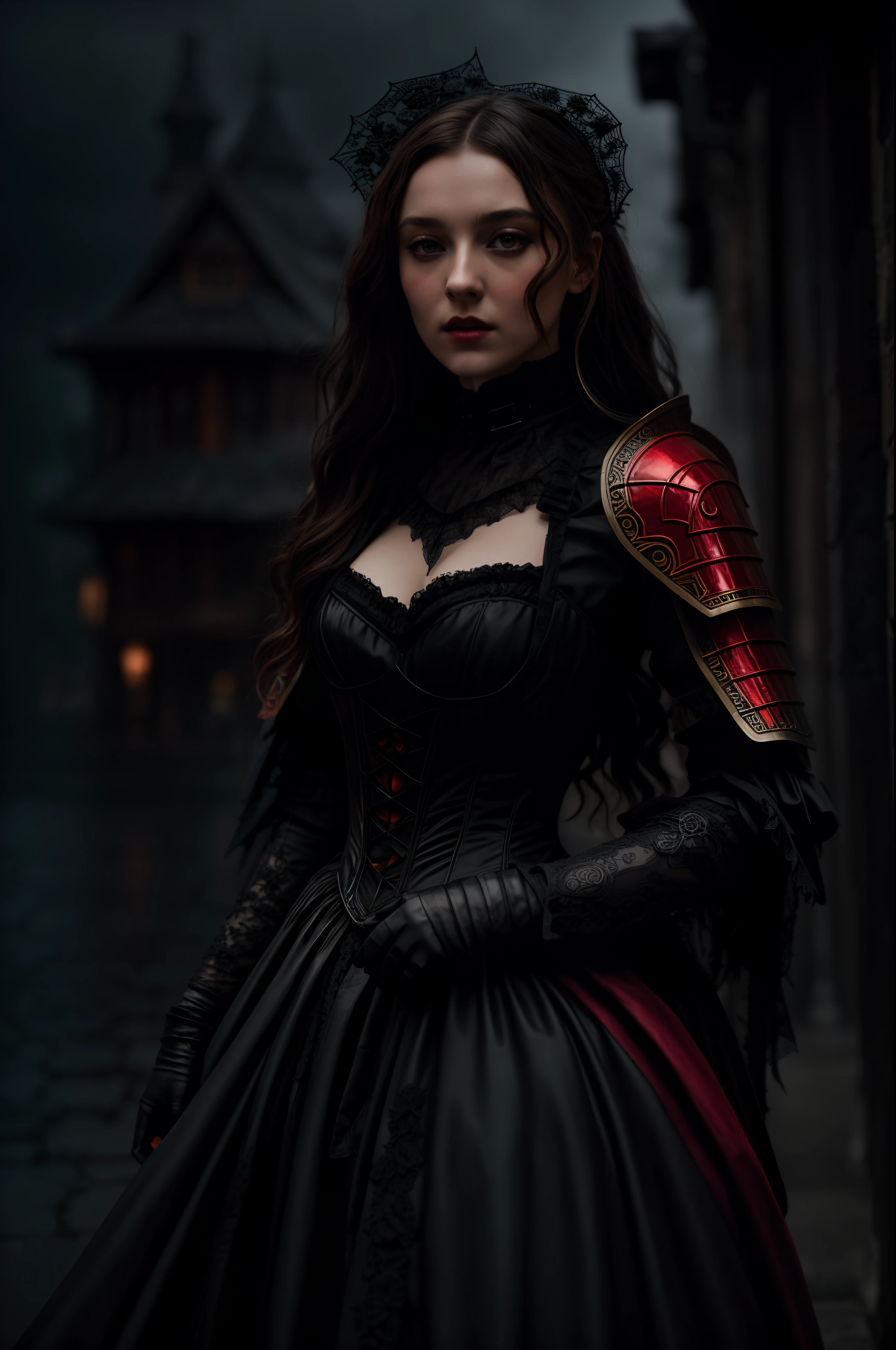 Halloween Set: 12th centuryhalf Danielle Rose Russell Victorian in the style of greg rutkowski and Guweiz and Yoji Shinkawa, Badass, intricate black and red Blood Victorian armor, cinematic lighting, dark rainy city, depth of field, lumen reflections, photography, stunning environment, hyperrealism, insanely detailed, midjourneyart style