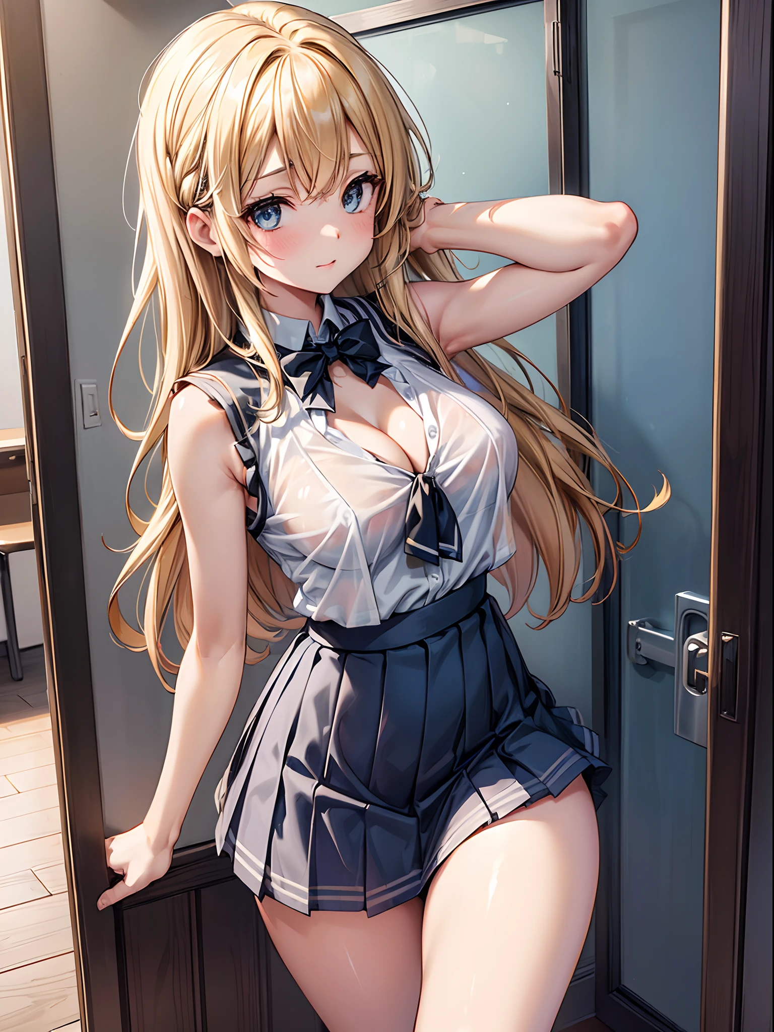 (((toppless))), (((sheer school uniform, Sleeveless ))), (((Show off  cleavage))), (((Large breasts))), (((Open front))), (((Sheer Micro Mini Skirt))), Detailed beautiful eyes, (((Sunny))), extremely detailed CG unified 8k wallpaper, very fine 8KCG wallpaper, (​masterpiece, Best Quality), High resolution, Ultra-detailed, ultra-sharp, 1 girl, Naked, (((Sheer Micro Mini Skirt))), perfecteyes eyes