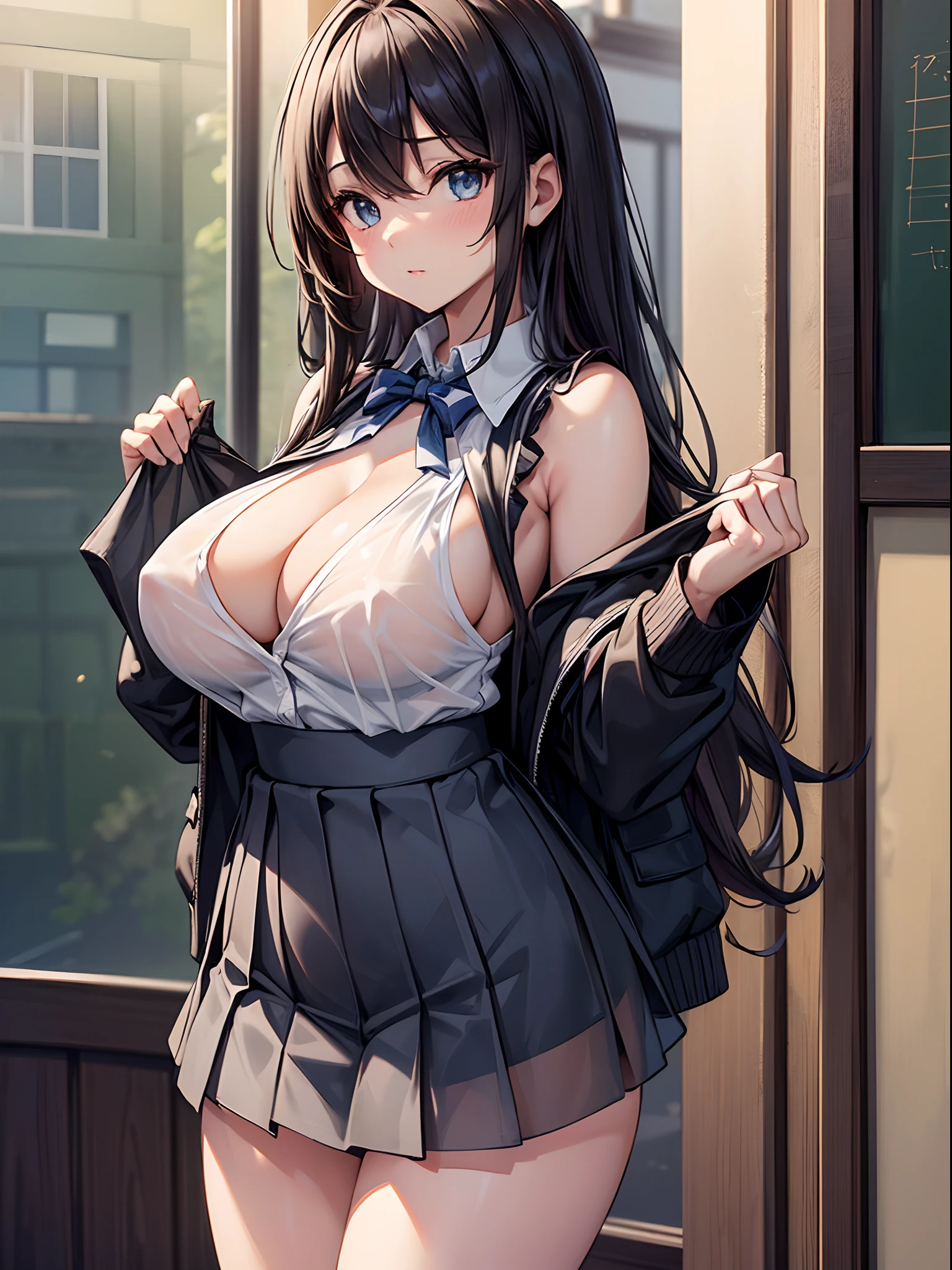 (((toppless))), (((sheer school uniform, Sleeveless ))), (((Show off  cleavage))), (((Large breasts))), (((Open front))), (((Sheer Micro Mini Skirt))), Detailed beautiful eyes, (((Sunny))), extremely detailed CG unified 8k wallpaper, very fine 8KCG wallpaper, (​masterpiece, Best Quality), High resolution, Ultra-detailed, ultra-sharp, 1 girl, Naked, (((Sheer Micro Mini Skirt))), perfecteyes eyes