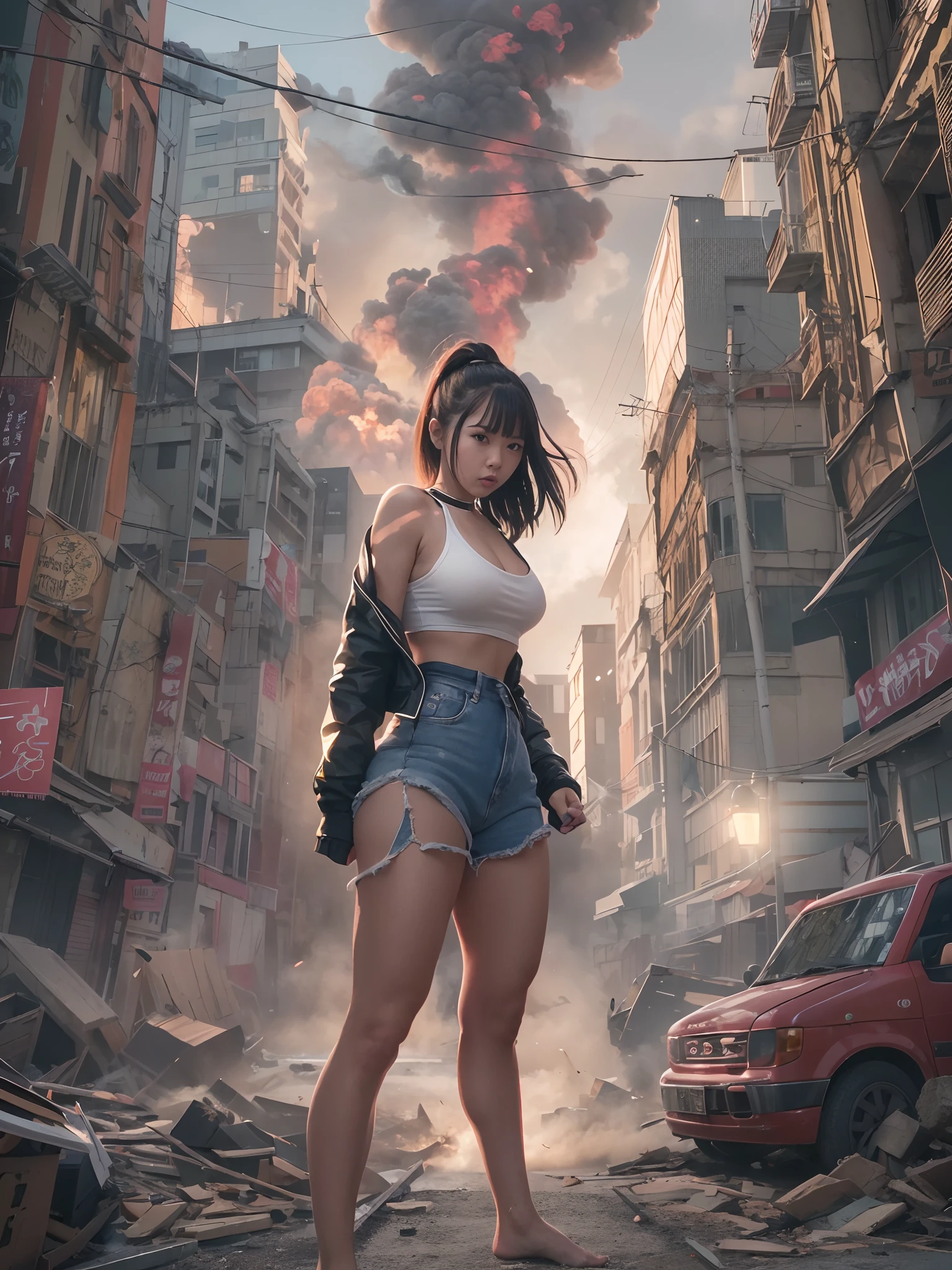 Giant Akari in crop top and jacket, Barefoot, a beauty girl、beautiful countenance、huge tit、beauty legs、well-muscled、athletic bodies, gts city, city buildings, Smoke coming from a broken building, Confront the evil black monster、exclamation、fighting poses