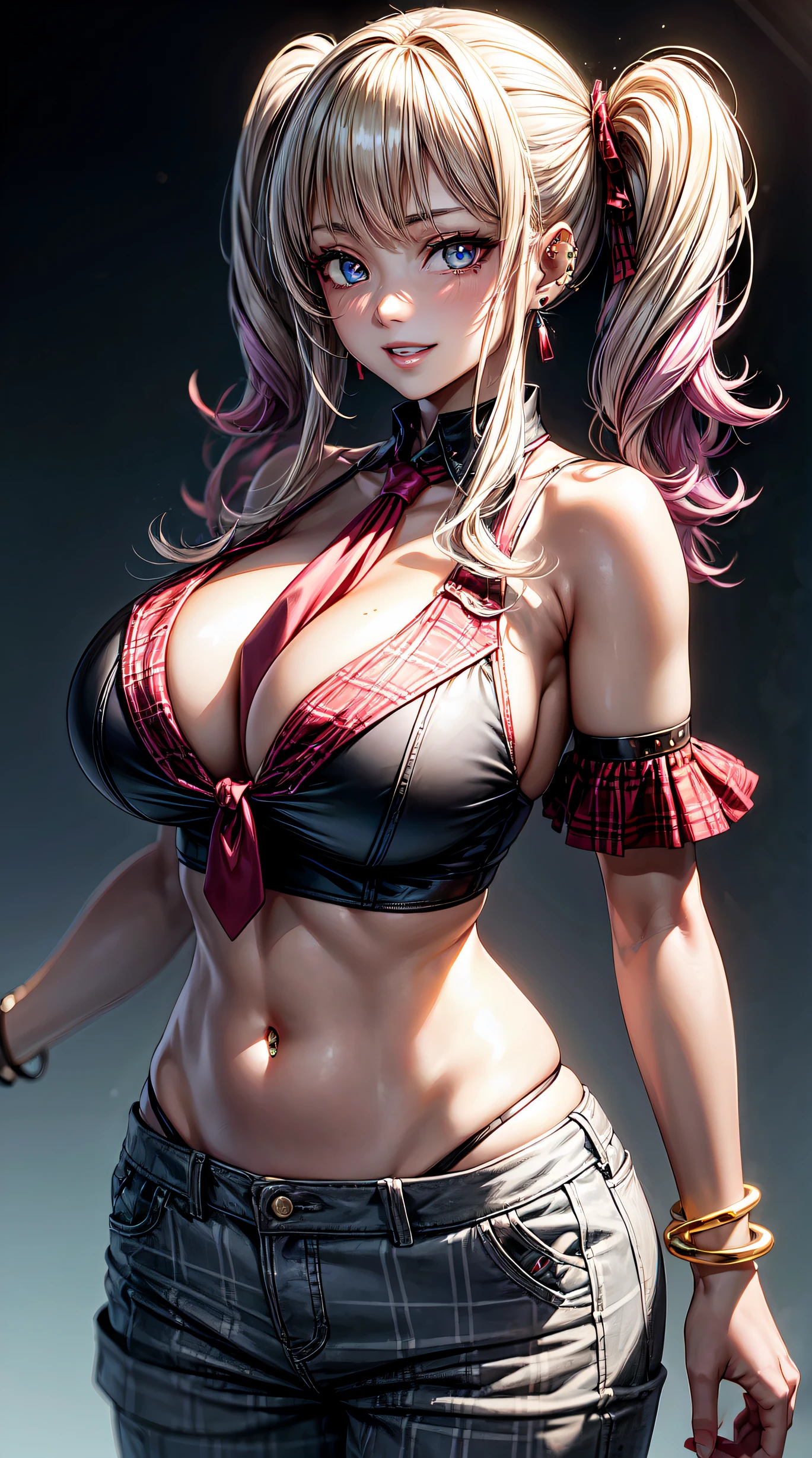 (anime style),masterpiece, best quality, ultra-detailed, glistening shiny, glowing light, ray tracing, HDR, deph of field, (perfect face, detailed face, detailed eyes),(big boobs:1.2),8k,HD,ultra realistic face,ray tracing,perfect lighting,best quality, ultra-detailed, shiny eyes, (looking at viewer,sensual smile kiss:1.1), ((1girl)), (gyaru, mature female:1.4),hourglass_body shape, marin,long hair,((gray gradient hair)),multicolored eyes, gradient eyes, (glowing eyes:1.1), (fashion make up), large boods, big boods, parted lips, short pants, shirt,, pleated pants, earrings, necktie, choker, grin, bracelet, plaid,black choker, plaid pants, piercing, ear piercing, bright pupils,tied shirt, bead bracelet,white background, take a picture at the back position.