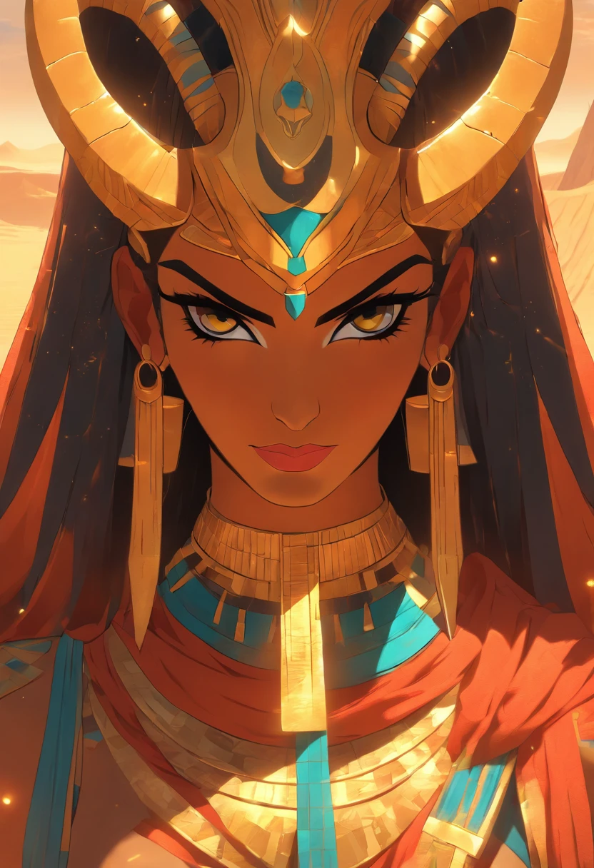 (((Hathor))) best quality, ultra-high resolution, 4K detailed CG, master piece, Hathor, woman, horns, Sky Goddess, Egyptian clothing, EGYPTIAN mythology, desert, aesthetics, ((Horned adornment)), Beautiful image, centered on the screen