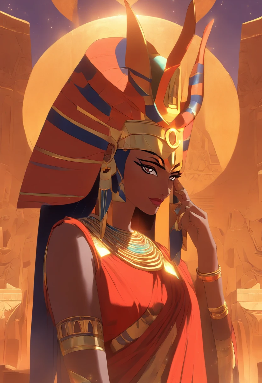 (((Hathor))) best quality, ultra-high resolution, 4K detailed CG, master piece, Hathor, woman, horns, Sky Goddess, Egyptian clothing, EGYPTIAN mythology, desert, aesthetics, ((Horned adornment)), Beautiful image, centered on the screen