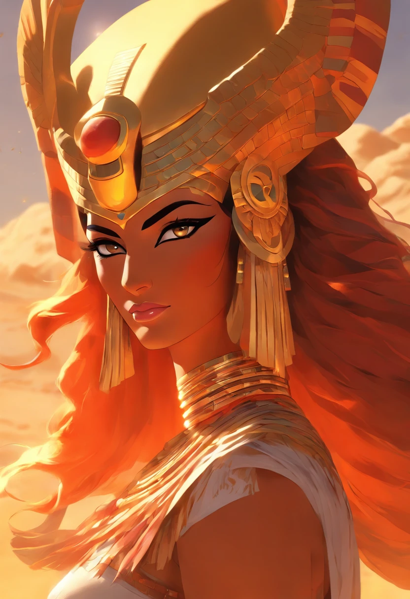 (((Hathor))) best quality, ultra-high resolution, 4K detailed CG, master piece, Hathor, woman, horns, Sky Goddess, Egyptian clothing, EGYPTIAN mythology, desert, aesthetics, ((Horned adornment)), Beautiful image, centered on the screen