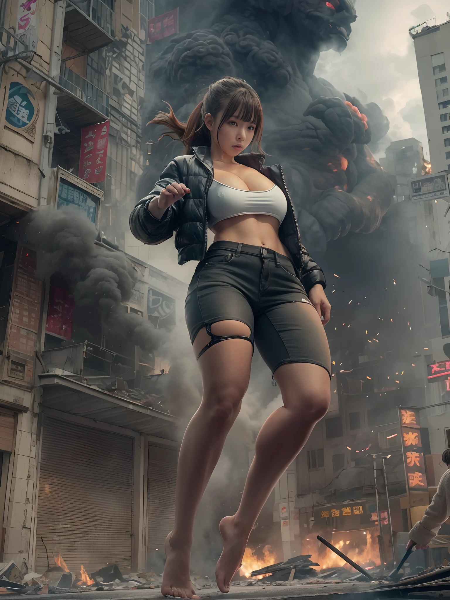 Giant Akari in crop top and jacket, Barefoot, a beauty girl、beautiful countenance、huge tit、beauty legs、well-muscled、athletic bodies, gts city, city buildings, Smoke coming from a broken building, Confront evil black smoke and assimilating monsters、exclamation、fighting poses