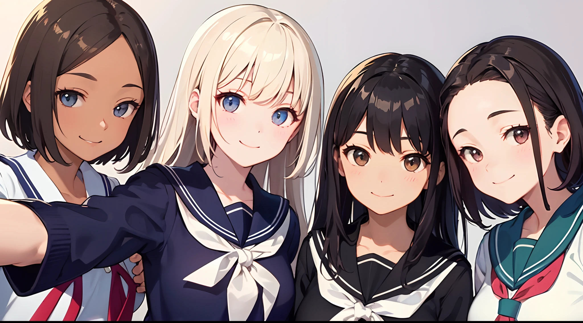 masterpiece、top-quality、detaile、hight resolution、extremely delicate and beautiful、simple background、upper body closeup、beutiful breast、hi-school girl、a sailor suit、校服、student clothes、Smile、multiple female、5 women、4 females、7 Women、selfee、Photo booth