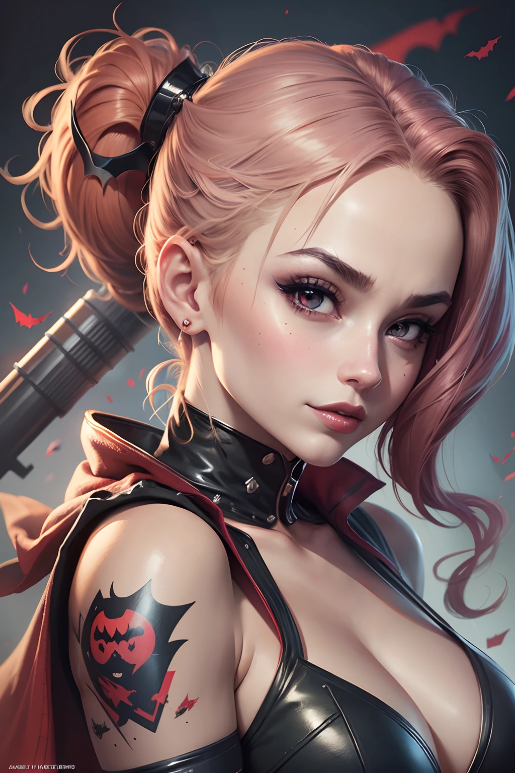 Batman girl with a bat and a red suit, Harley Quinn, Harley Queen, de Harley Quinn, Retrato de Harley Quinn, Artgerm extremadamente detallado, Harley Quinn de pie, commission for high resolution, Dibujado en el estilo de Artgerm, Fanart exquisito altamente detallado, Modelo IG | Artgerm, al estilo de Artgerm, deviantart artstation cgscosiety