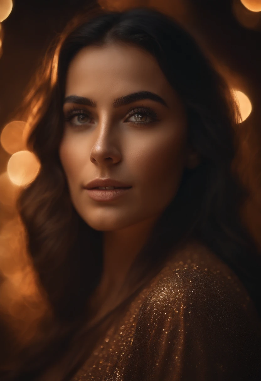 Portrait of a woman,ultra-detailed face,brunette,brown eyes,Arabic features,Nebula background,(best quality,4k,8k,highres,masterpiece:1.2),ultra-detailed,(realistic,photorealistic,photo-realistic:1.37),fine art,studio lighting,professional,vivid colors,portraits,cosmic,colorful tones,soft lighting